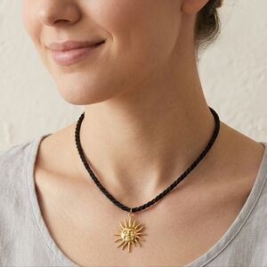 ​Gold Sun Face Celestial Pendant Necklace Black Twisted Rope Choker